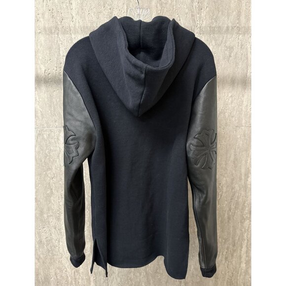 Chrome Hearts Black Hoodie W/ Leather Sleeves & Gothic Cross Details Full Zip Co - Picture 2 of 16